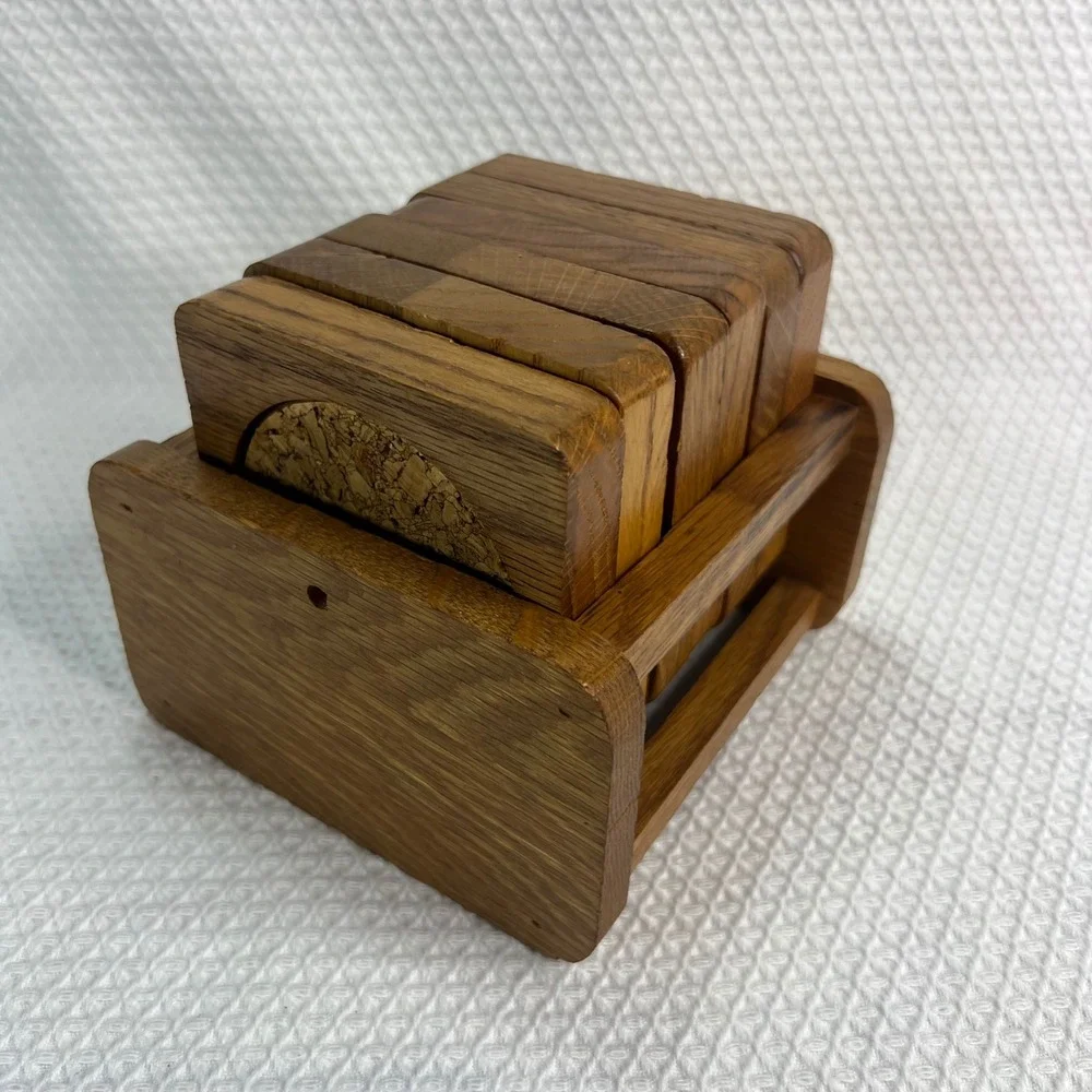 Vintage Mid Century Modern Oak Wood and Cork Coaster Set of 6 with‎ Caddy Holder